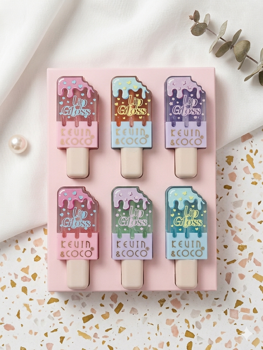 Set Lip Gloss a Forma di Ghiacciolo "Kevin & Coco" (6 Pezzi)
