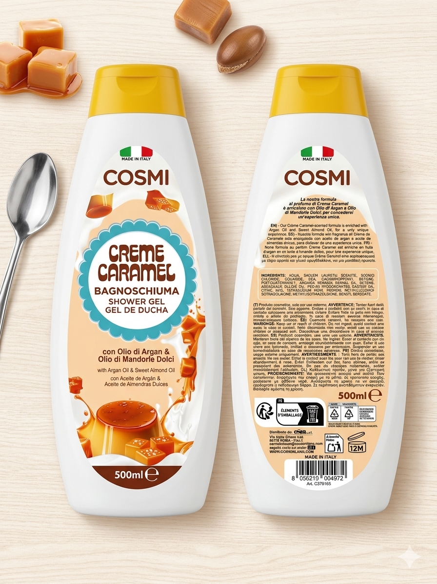 Bagnoschiuma Cosmi Creme Caramel – Idratante con Olio di Argan e Mandorle Dolci (500ml)