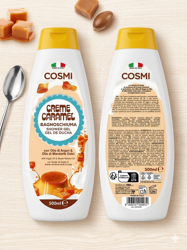 Bagnoschiuma Cosmi Creme Caramel – Idratante con Olio di Argan e Mandorle Dolci (500ml)