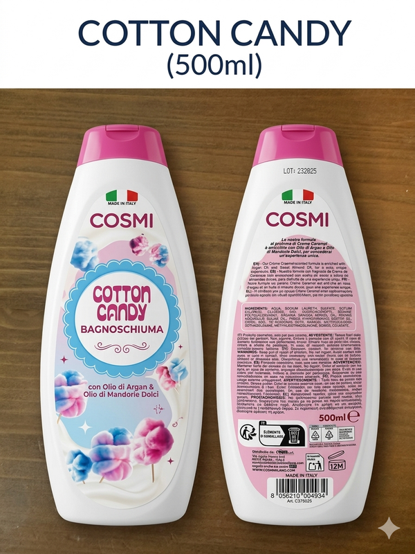 Bagnoschiuma Cosmi Cotton Candy – Idratante con Olio di Argan e Mandorle Dolci (500ml)