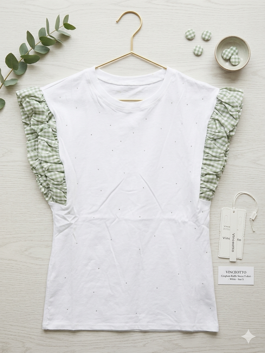 T-shirt Vichy con Maniche a Ruffle