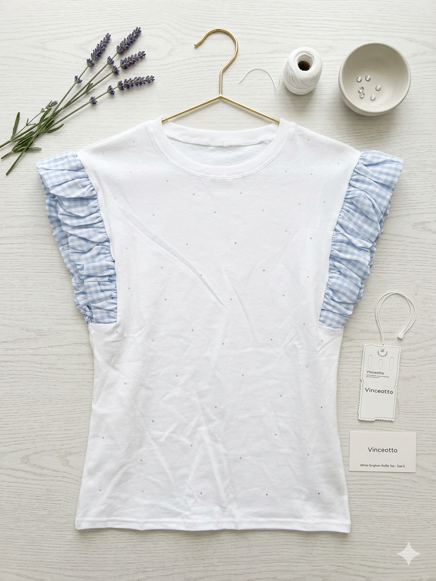 T-shirt Vichy con Maniche a Ruffle